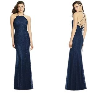 Nwt | Dessy Collection Halter Criss Cross Open-Back Lace Trumpet Gown Size 12